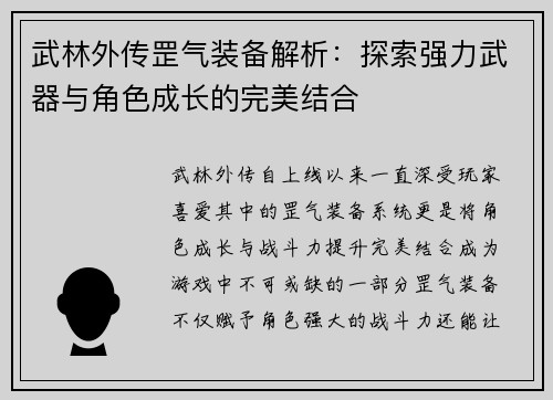 武林外传罡气装备解析：探索强力武器与角色成长的完美结合