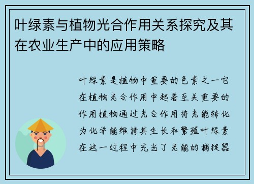 叶绿素与植物光合作用关系探究及其在农业生产中的应用策略