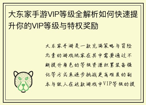 大东家手游VIP等级全解析如何快速提升你的VIP等级与特权奖励 大东家手游VIP等级全解析如何快速提升你的VIP等级与特权奖励
